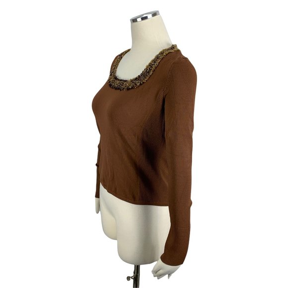 DONCASTER Small Sweater Brown Collar Stretch Rayon Career - Picture 2 of 5